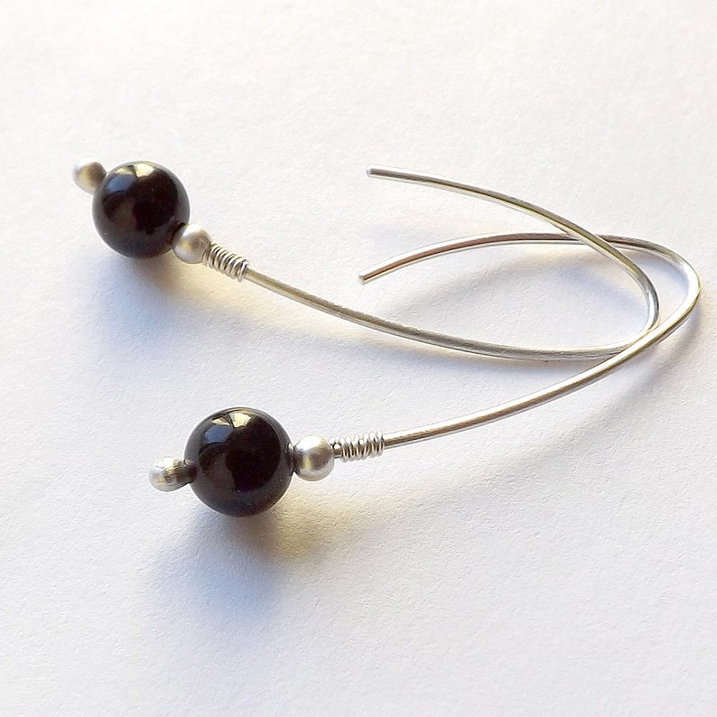 Sterling Silver Hoops Black Obsidian Hoop Earrings Silver Wishbone Open Hoop Threaders jewelry gift for her, womens gift, unique gifts image 5