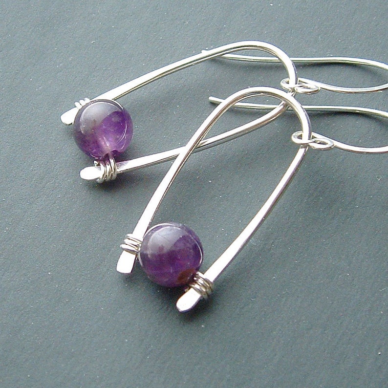 Statement Jewelry Silver Inverted Hoops Sterling Silver Hoop Earrings Amethyst Birthstone Jewelry, February birthday gift for her image 1