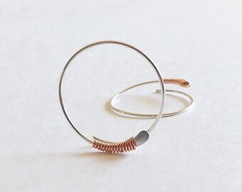 Sterling Silver Hoops Copper Wire Wrapped Mixed Metal Lightweight Hoop minimalist Womens Gift for her, custom jewelry, Statement Jewelry