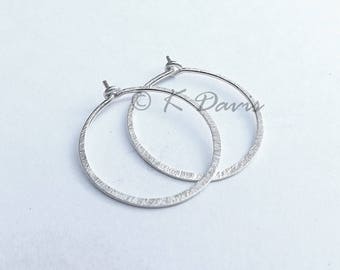 Hammered Sterling Silver Simple Hoop Earrings, Brushed Finish