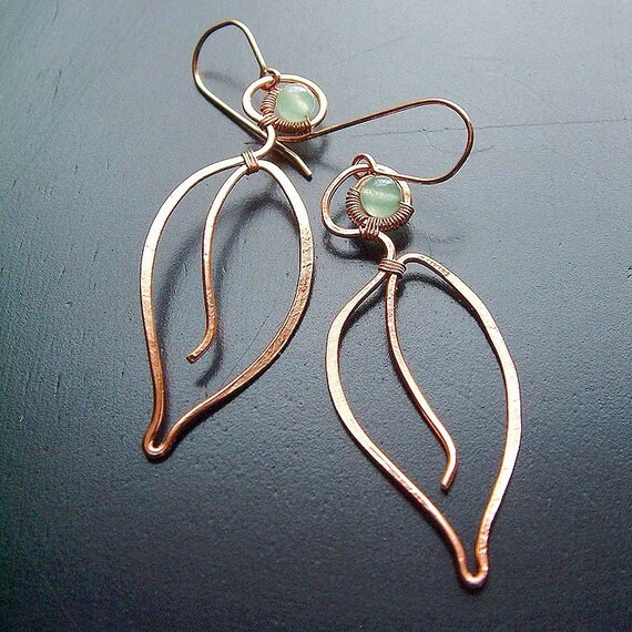 Rose Gold Earrings, Long Leaf, Green Aventurine Gold Filled Dangle Earring, jewelry Gift