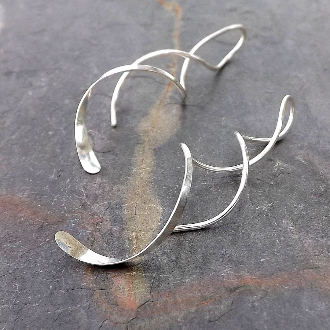 Spiral Dangle Earrings Silver Threader Earring, Long Coil Open Hoop