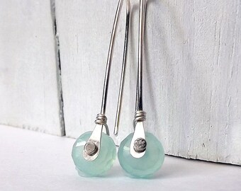 Silver Rivet Earrings Aqua Chalcedony Sterling Silver Open Hoop Dangle Earring Riveted Gemstone Jewelry unique gift