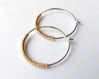 Hoop Earrings, Silver Hoops, Gold Wrapped Hoops, Mixed Metal Earrings Statement Jewelry Statement Earrings Womens Jewelry gift for her