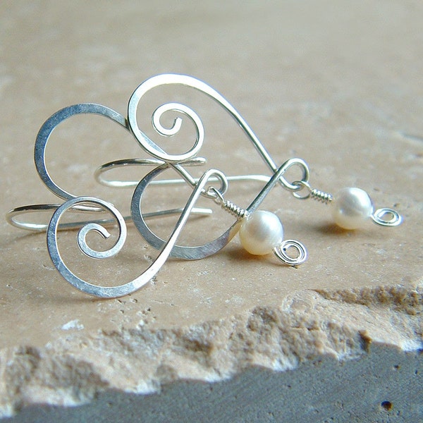 Heart Earrings Silver Pearl Earring Dangle Earring Handmade Sterling Silver Birthstone womens jewelry gift for Her Valentine jewelry