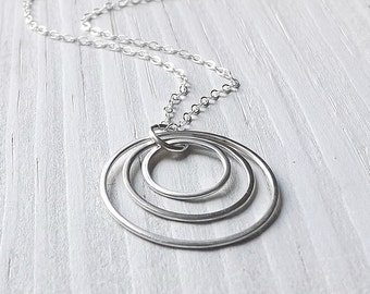 Silver Circle Necklace Three Ring Pendant Circles Geometric Hoop Necklace Jewelry gift for her, mothers day gift, largest circle is 1 inch