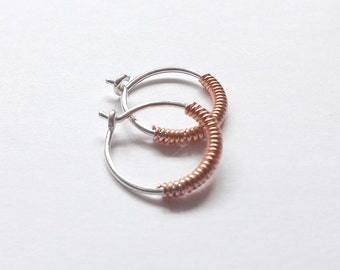 Sterling Silver Hoop Earrings Copper Wrapped Mixed Metal Hoops Custom Jewelry, minimal hoop earring Women Men Gift Dainty Earrings