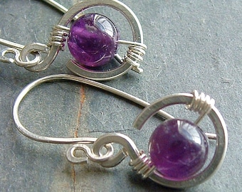Amethyst Earrings Sterling Silver Wire Wrap Small dangle coils purple birthstone jewelry gift