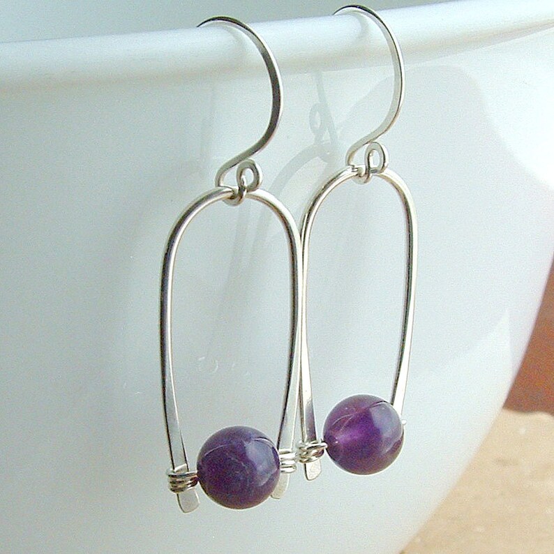 Statement Jewelry Silver Inverted Hoops Sterling Silver Hoop Earrings Amethyst Birthstone Jewelry, February birthday gift for her image 3