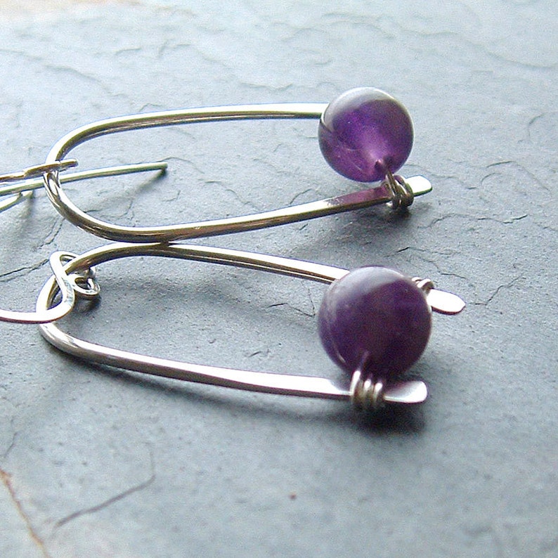 Statement Jewelry Silver Inverted Hoops Sterling Silver Hoop Earrings Amethyst Birthstone Jewelry, February birthday gift for her image 2