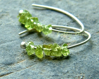 Small Silver Peridot Earrings Green Peridot Open Hoops Peridot Birthstone jewelry, August Birthstone raw stone peridot