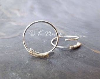 Sterling Silver Open Hoop Earrings, 14k Gold Fill Wrap, Bypass Hoops