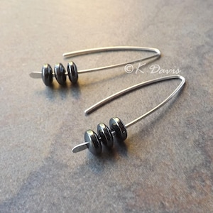 Silver Open Hoop Dangle Earring, Arc Ear Threaders Hematite Earrings, Modern U Silver Hoop jewelry gift for her statement earring