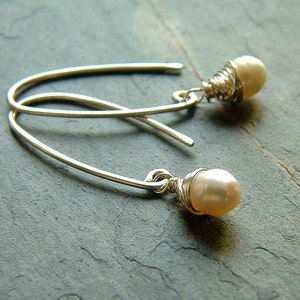 White Pearl Earrings Sterling Silver Wire Wrapped Freshwater Pearl Earrings june birthstone gift Women jewelry gift for her, unique gift