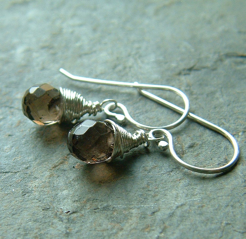 May include: A pair of silver earrings with brown gemstone drops wrapped in silver wire. The earrings have a simple, elegant design.