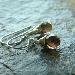 Tiny Smoky Quartz Gemstone Dangle Earrings Sterling Silver Wire Wrap Drop Earring jewelry gift for her, Coffee Brown Natural Jewelry