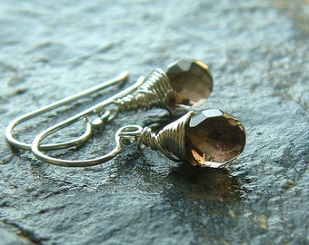 Tiny Smoky Quartz Gemstone Dangle Earrings Sterling Silver Wire Wrap Drop Earring jewelry gift for her, Coffee Brown Natural Jewelry