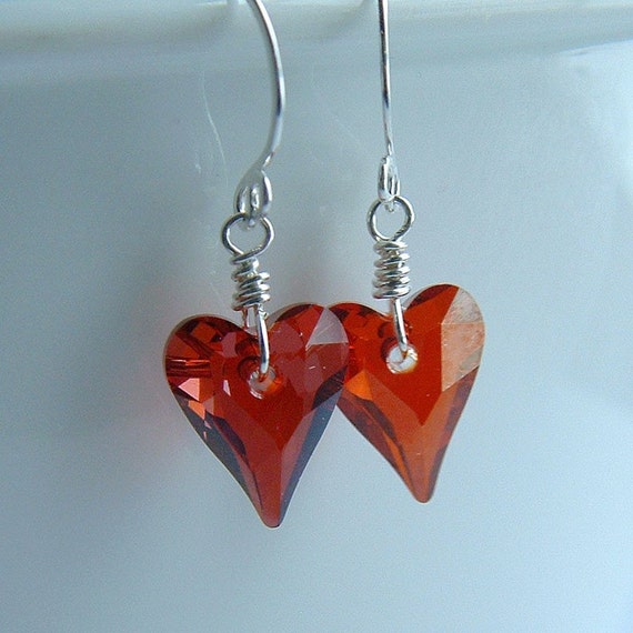 Items similar to Heart Dangle Earrings Red Crystal Drop Earrings Silver ...