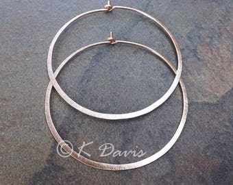 Rose Gold Hoop Earrings, Brushed Finish Hammered Gold Filled Handmade Hoops