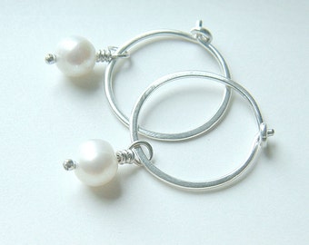 Silver Hoop Earrings Small Hoop Pearl Earring Sterling Silver Hoops June birthstone jewelry gift for her unique finds unique gift minimalist