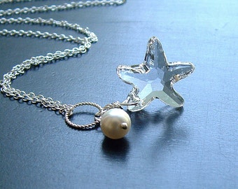 Clear Austrian Glass Crystal Starfish Pendant Necklace, Sterling Silver Chain, Jewelry Gift