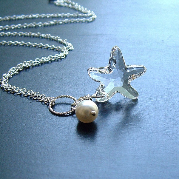 Starfish Necklace Sterling Silver Clear Crystal Starfish, womens jewelry gift for her