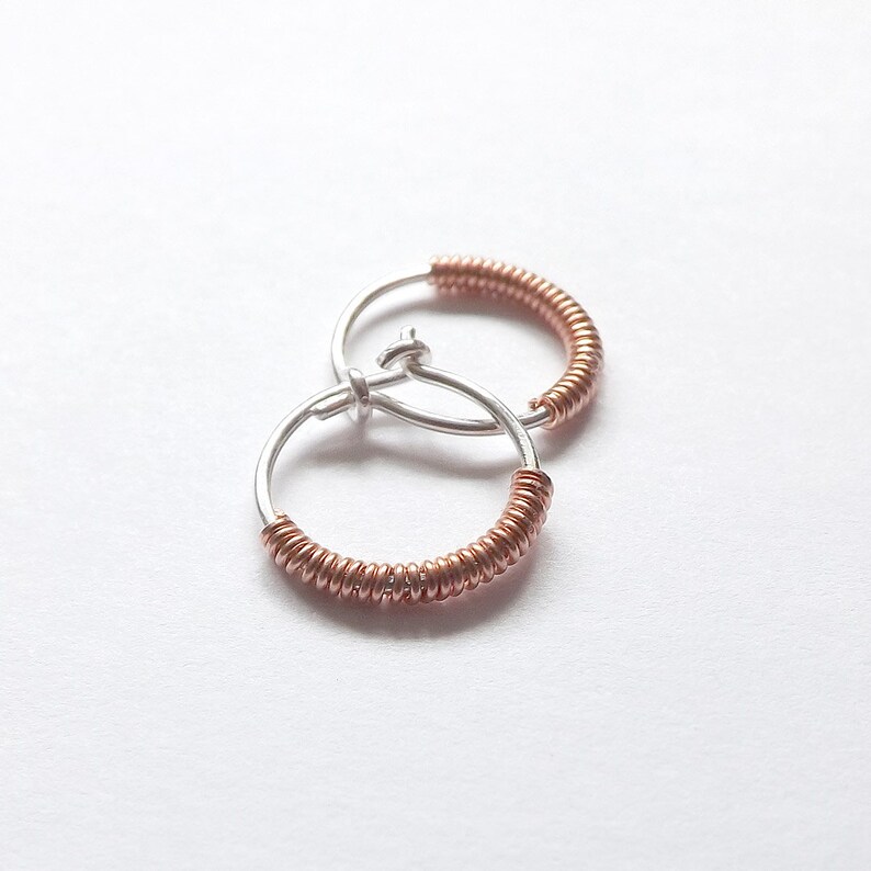 Sterling Silver Hoop Earrings Copper Wrapped Mixed Metal Hoops Custom Jewelry, minimal hoop earring Women Men Gift Dainty Earrings image 4