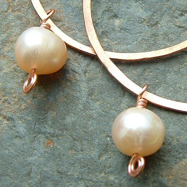 Pearl Earrings Organic Copper Hoops with Pearl june birthstone copper jewelry