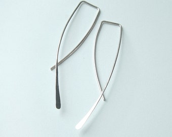 Silver Hoop Earrings Long Modern Open Hoops minimalist jewelry gift for her, statement earrings unique gifts