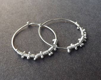 Sterling Silver Hoop Earrings, Wire Wrapped Torch Balled Beaded Hoops
