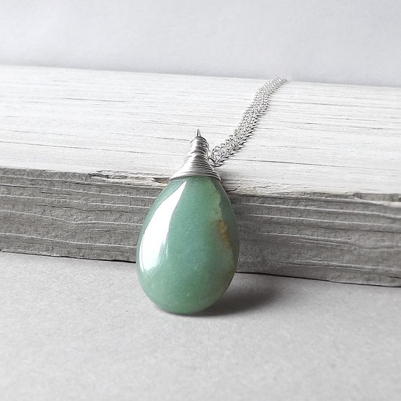 Green Aventurine Necklace, Sterling Silver Wire Wrapped Teardrop Pendant