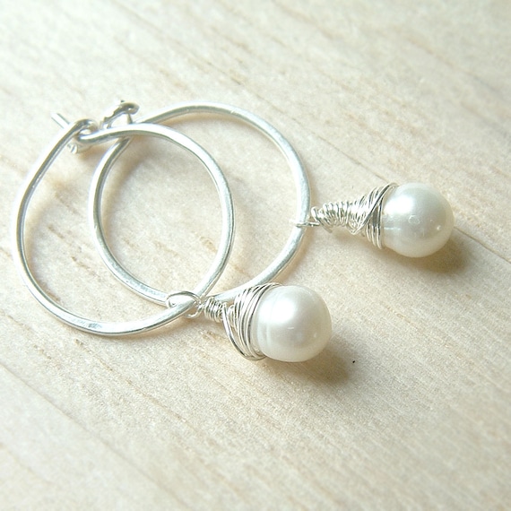Silver Hoop Earrings Sterling Silver Hoops Wire Wrap Pearl Etsy