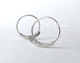 Silver Hoop Earrings, Sterling Silver Wrapped Hammered Open Hoops Custom Jewelry, womens gift for her sterling silver earrings