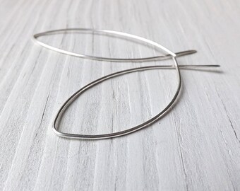 Large Silver Hoop Earrings XL Fish Hoops Sterling Silver Open Hoop Long Threader Earring Minimal Nature Jewelry for Her statement earrings