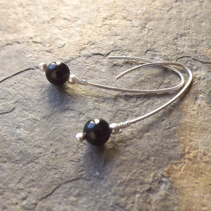 Sterling Silver Hoops Black Obsidian Hoop Earrings Silver Wishbone Open Hoop Threaders jewelry gift for her, womens gift, unique gifts image 3