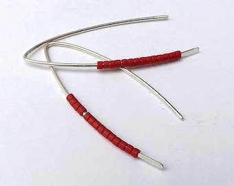 Silver Threader Earrings Open Hoop Earrings Beaded Hook Earring Silver Stick Red Dangle Drop Earring Jewelry gift for her Statement Earrings