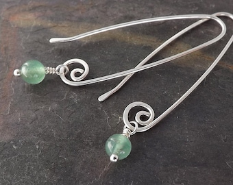 Silver Drop Earrings, Long Slender Earrings, Green Aventurine Long Dangle Earring, Modern Minimal Womens Jewelry Gift for her