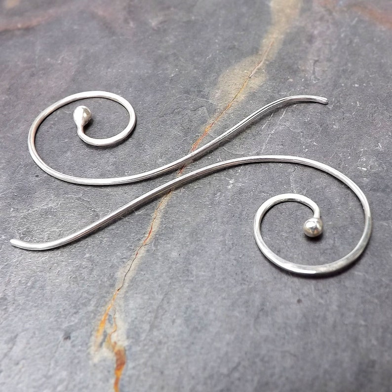 Silver Threader Earrings, Coiled Threaders, Long Open Hoop Threader Dangles, Long Bud Earrings womens gift for her image 1