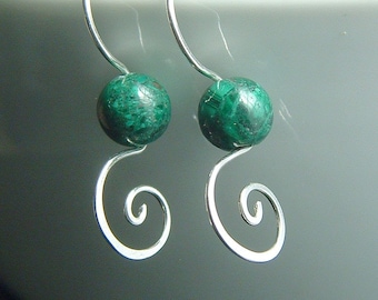 Green Malachite Earrings Dangle Earring Sterling Silver Coils Eco Friendly Womens Jewelry gift for her unique gifts