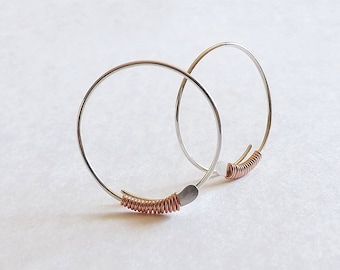 Hoop Earrings Small Silver Open Hoops Copper Wire Wrapped Hoop Earrings Lightweight Sterling Silver Hoop, choose your size, gift for her