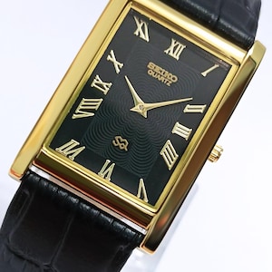 Vintage Roman Seiko Tank Quarz Japanische Römische Zifferblatt Schwarz Herren Armbanduhr
