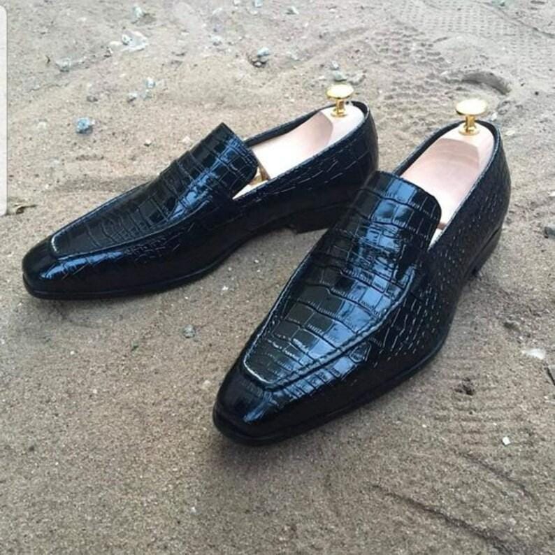 Bespoke Premium Quality Black Shiny Alligator Print Leather Moccasin Men\'s Shoes Men main image 4