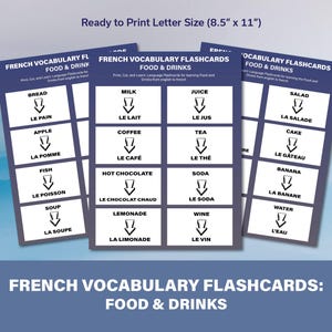 Food & Drink Flashcards English to French | 24 Printable English-French Vocabulary Cards | PDF + JPG | Learn French for Kids and Beginners