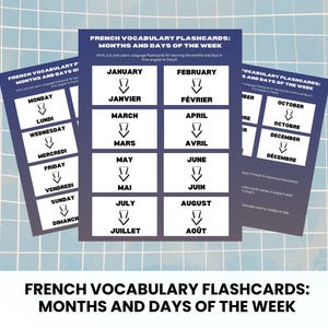 French Days & Months Flashcards - English to French Translation | Printable pdf and jpg | Educational Flashcards for Language Learning