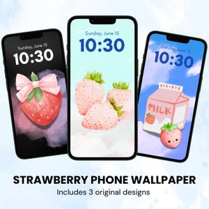 Set of 3 Strawberry Phone Wallpapers for Iphone & Android | High-Quality JPGs | Cute Fruit Phone Backgrounds | Instant Download