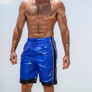 Blue Shiny PU Nylon Shorts – AeroFlex Fitness & Sweat Style