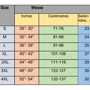 May include: A size chart with measurements in inches and centimeters. Sizes range from S to 4XL, with corresponding waist measurements from 28"-30" to 52"-54" and 71-76 cm to 132-137 cm. The chart also includes side height measurements in centimeters.