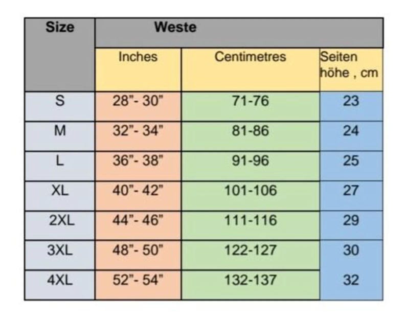 May include: A size chart with measurements in inches and centimeters. Sizes range from S to 4XL, with corresponding waist measurements from 28"-30" to 52"-54" and 71-76 cm to 132-137 cm. The chart also includes side height measurements in centimeters.