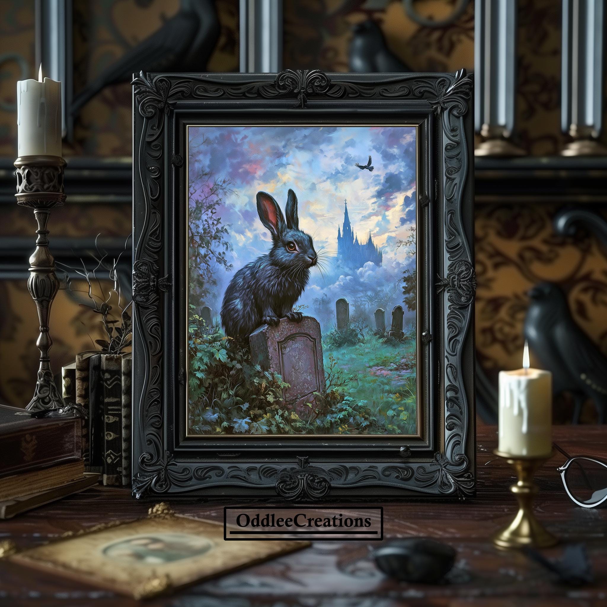 Gothic Rabit Gothic Black Rabbit Wall Art Printable Dark Academia Forest Castle ...