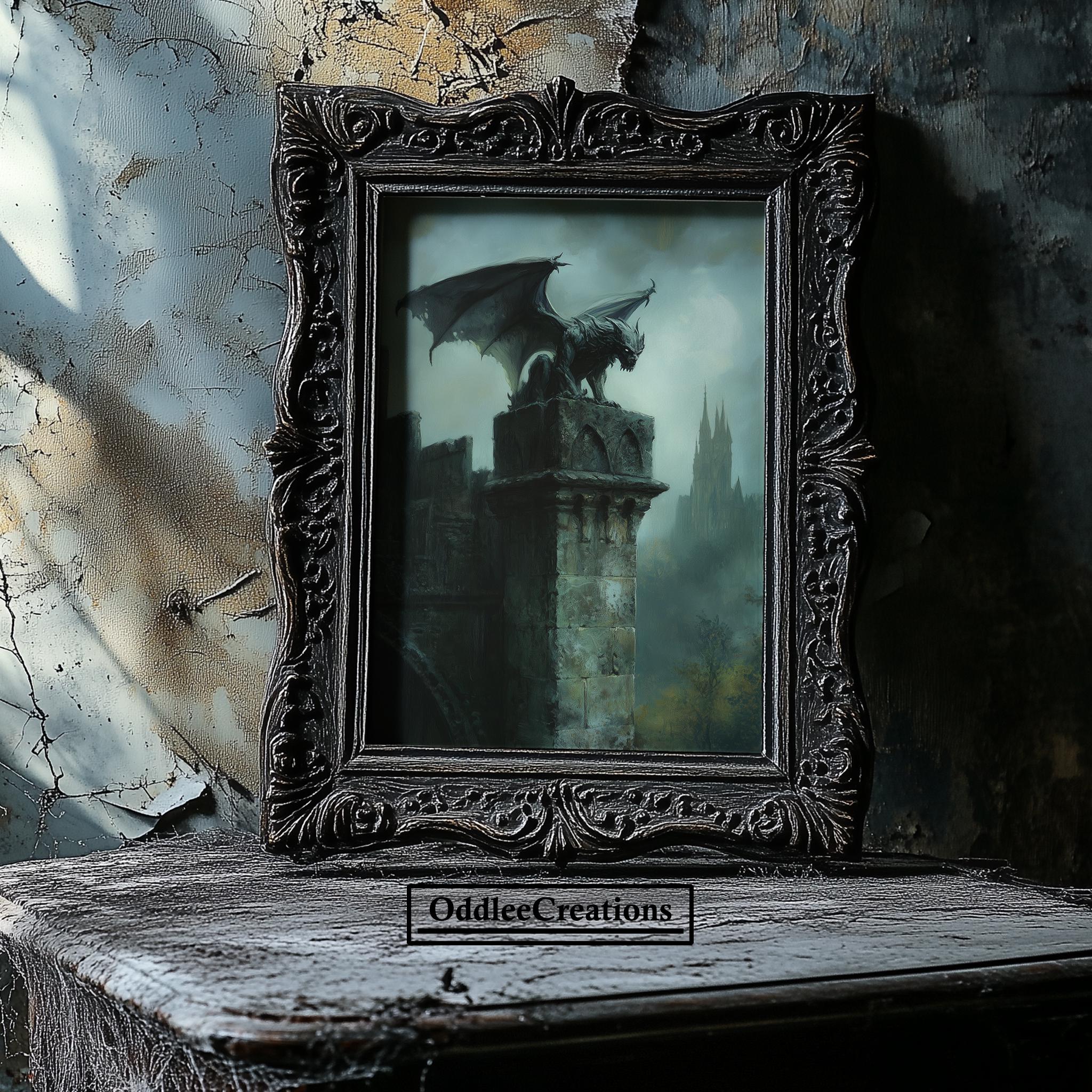 Gothic Gargoyle Wall Art Digital Download Dark Castle Oil Painting